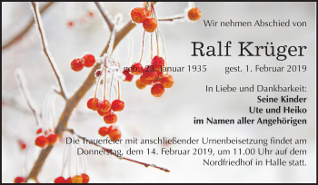 Traueranzeige von Ralf Krüger von Mitteldeutsche Zeitung Halle/Saalkreis