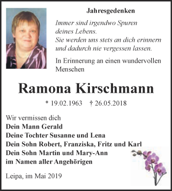 Traueranzeige von Ramona Kirschmann von WVG - Wochenspiegel Wittenberg