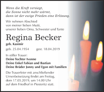 Traueranzeige von Regina Becker von Super Sonntag Wittenberg