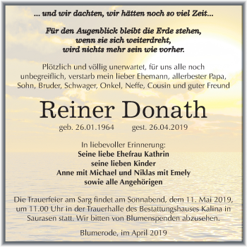Traueranzeige von Reiner Donath von Mitteldeutsche Zeitung Mansfelder Land