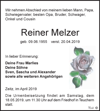 Traueranzeige von Reiner Melzer von WVG - Wochenspiegel NMB / WSF / ZTZ