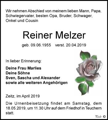 Traueranzeige von Reiner Melzer von WVG - Wochenspiegel NMB / WSF / ZTZ