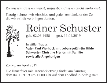 Traueranzeige von Reiner Schuster von WVG - Wochenspiegel Bitterfeld