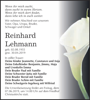 Traueranzeige von Reinhard Lehmann von Super Sonntag Wittenberg