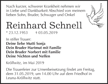 Traueranzeige von Reinhard Schnell von Super Sonntag Merseburg