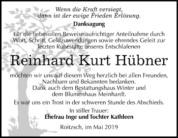 Traueranzeige von Reinhard Kurt Hübner von Mitteldeutsche Zeitung Bitterfeld