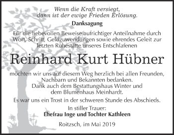Traueranzeige von Reinhard Kurt Hübner von WVG - Wochenspiegel Bitterfeld