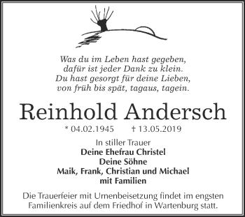 Traueranzeige von Reinhold Andersch von WVG - Wochenspiegel Wittenberg