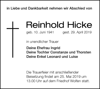 Traueranzeige von Reinhold Hicke von WVG - Wochenspiegel Bitterfeld
