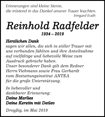 Traueranzeige von Reinhold Radfelder von Mitteldeutsche Zeitung Zeitz
