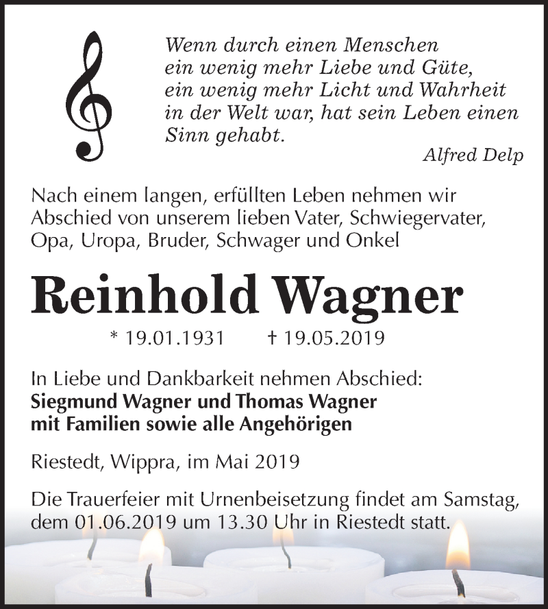  Traueranzeige für Reinhold Wagner vom 28.05.2019 aus Mitteldeutsche Zeitung