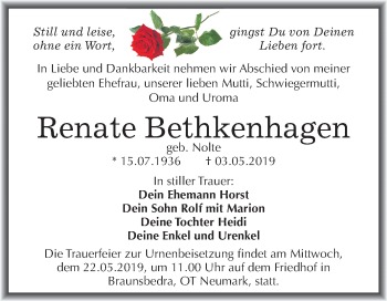 Traueranzeige von Renate Bethkenhagen von Mitteldeutsche Zeitung