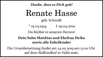 Traueranzeige von Renate Hasse von Mitteldeutsche Zeitung Halle/Saalkreis