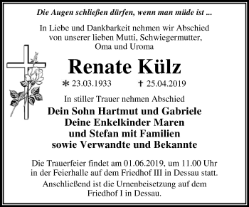 Traueranzeige von Renate Külz von WVG - Wochenspiegel Dessau / Köthen