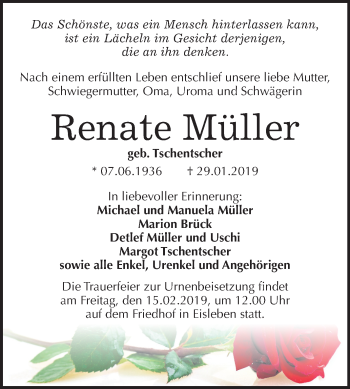 Traueranzeige von Renate Müller von Mitteldeutsche Zeitung Aschersleben