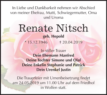 Traueranzeige von Renate Nitsch von Mitteldeutsche Zeitung Bitterfeld