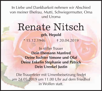 Traueranzeige von Renate Nitsch von WVG - Wochenspiegel Bitterfeld