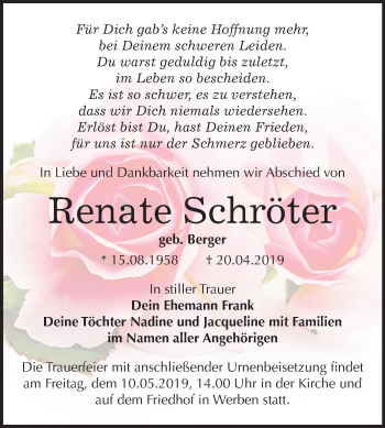Traueranzeige von Renate Schröter von Mitteldeutsche Zeitung Bitterfeld