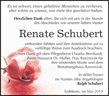 Traueranzeige von Renate Schubert von Wochenspiegel Mansfelder Land