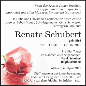 Traueranzeige von Renate Schubert von Super Sonntag SGH Mansf. Land