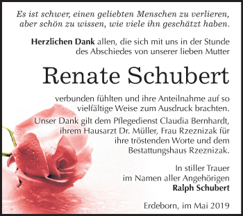 Traueranzeige von Renate Schubert von Mitteldeutsche Zeitung Mansfelder Land
