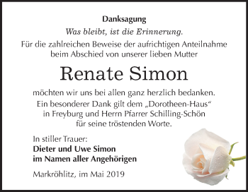 Traueranzeige von Renate Simon von Mitteldeutsche Zeitung Weißenfels