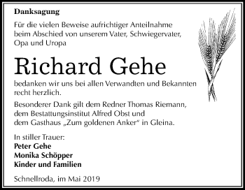 Traueranzeige von Richard Gehe von Mitteldeutsche Zeitung