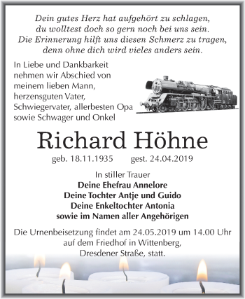 Traueranzeige von Richard Höhne von Mitteldeutsche Zeitung