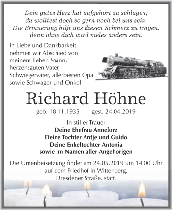 Traueranzeige von Richard Höhne von WVG - Wochenspiegel Wittenberg