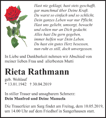 Traueranzeige von Rieta Rathmann von Mitteldeutsche Zeitung Sangerhausen
