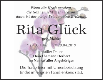 Traueranzeige von Rita Glück von WVG - Wochenspiegel Bitterfeld