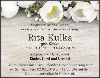 Traueranzeige von Rita Kulka von Mitteldeutsche Zeitung Halle/Saalkreis