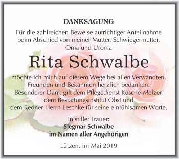 Traueranzeige von Rita Schwalbe von Super Sonntag Merseburg