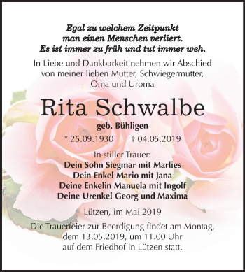 Traueranzeige von Rita Schwalbe von Mitteldeutsche Zeitung Weißenfels