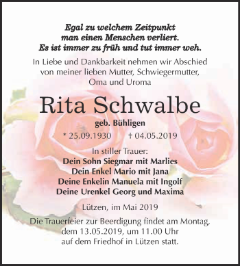 Traueranzeige von Rita Schwalbe von Super Sonntag Merseburg