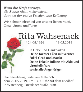 Traueranzeige von Rita Wahsenack von WVG - Wochenspiegel Wittenberg
