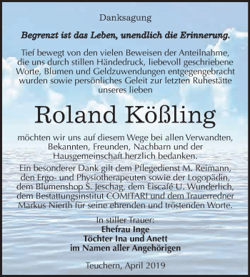 Traueranzeige von Roland Kößling von WVG - Wochenspiegel NMB / WSF / ZTZ