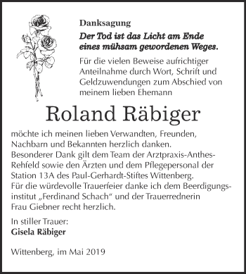 Traueranzeige von Roland Räbiger von WVG - Wochenspiegel Wittenberg