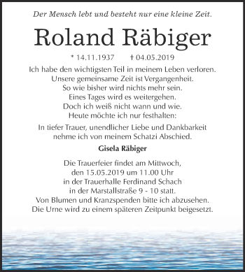 Traueranzeige von Roland Räbiger von WVG - Wochenspiegel Wittenberg