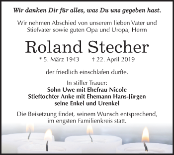 Traueranzeige von Roland Stecher von Mitteldeutsche Zeitung Weißenfels