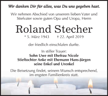 Traueranzeige von Roland Stecher von WVG - Wochenspiegel NMB / WSF / ZTZ