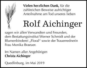 Traueranzeige von Rolf  Aichinger von Mitteldeutsche Zeitung