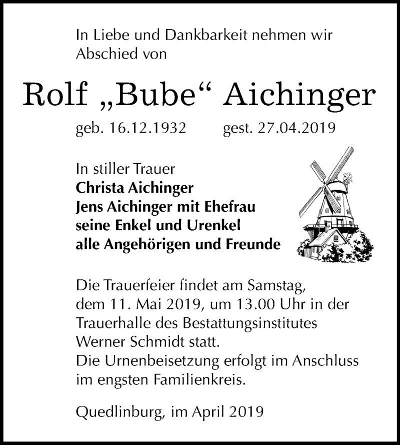  Traueranzeige für Rolf  Aichinger vom 04.05.2019 aus Mitteldeutsche Zeitung