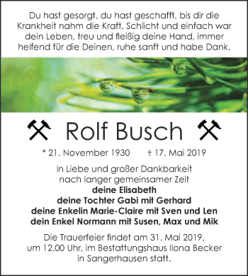 Traueranzeige von Rolf Busch von Super Sonntag SGH Mansf. Land