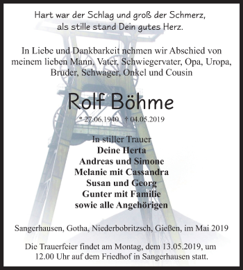 Traueranzeige von Rolf Böhme von Mitteldeutsche Zeitung Sangerhausen