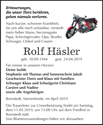 Traueranzeige von Rolf Häsler von Mitteldeutsche Zeitung