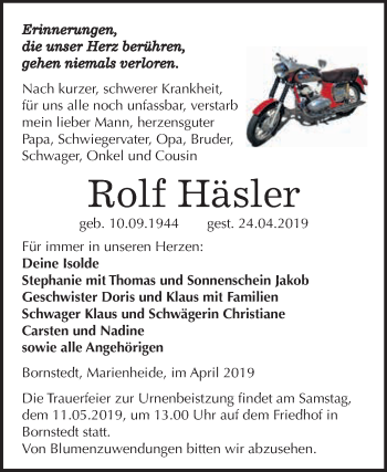 Traueranzeige von Rolf Häsler von Super Sonntag SGH Mansf. Land