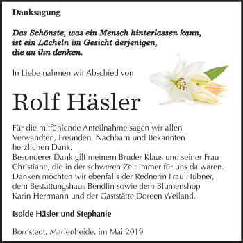 Traueranzeige von Rolf Häsler von Mitteldeutsche Zeitung