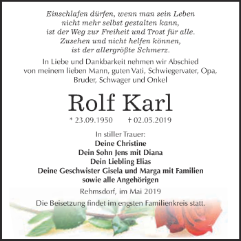 Traueranzeige von Rolf Karl von WVG - Wochenspiegel NMB / WSF / ZTZ