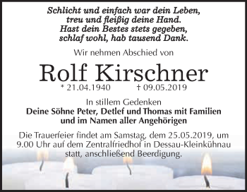 Traueranzeige von Rolf Kirschner von WVG - Wochenspiegel Bitterfeld